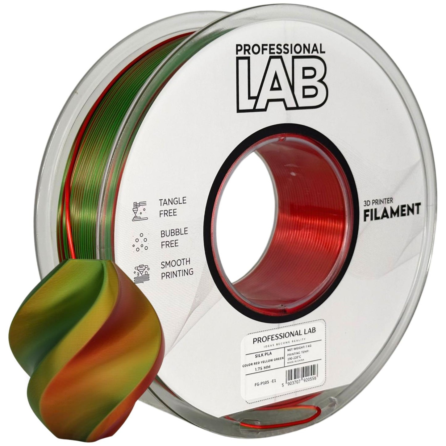 Silk PLA Filament dreifarbig Rot-Gelb-Grün 1.75mm – Prof. Lab