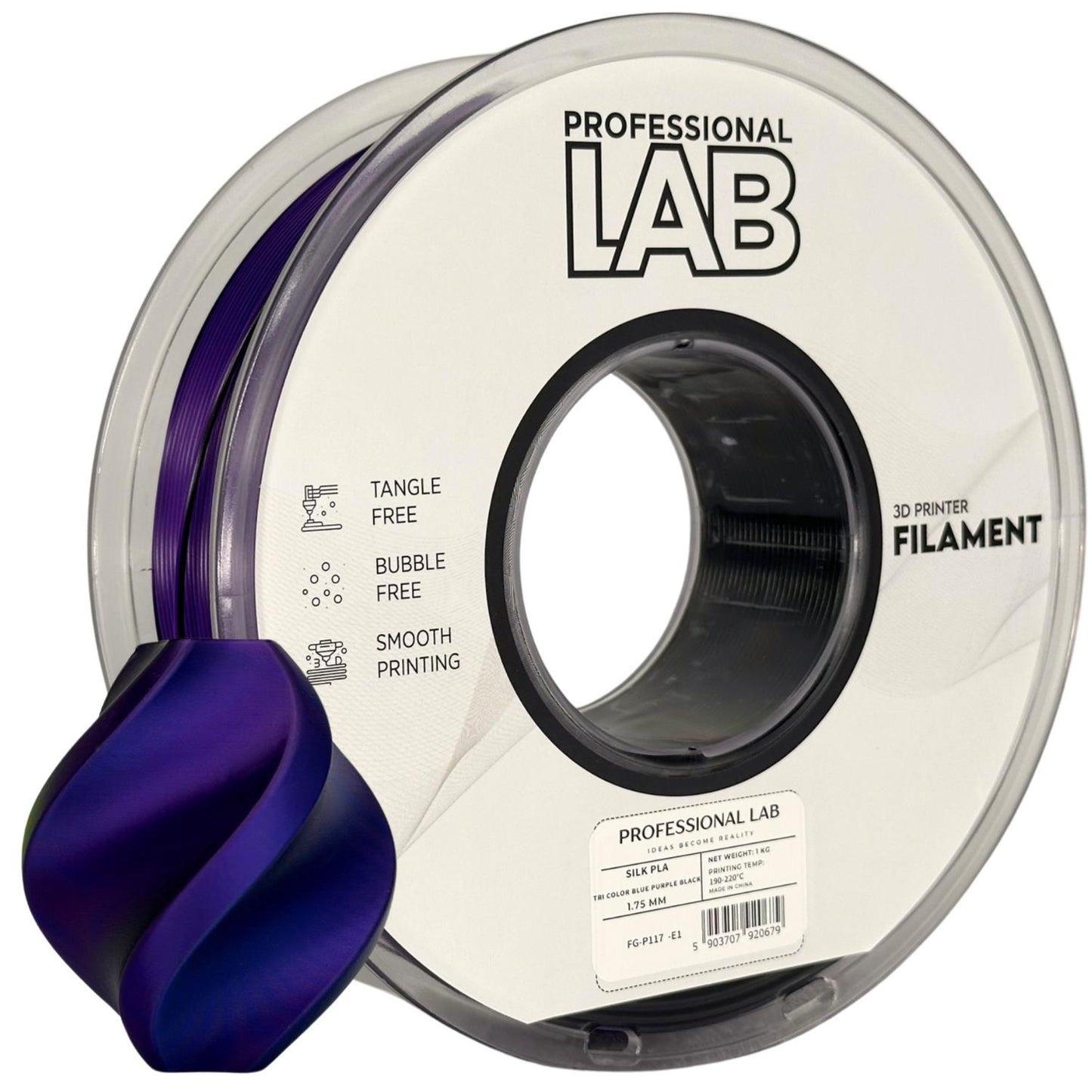Silk PLA Filament dreifarbig Blau-Violett-Schwarz 1.75mm – Prof. Lab