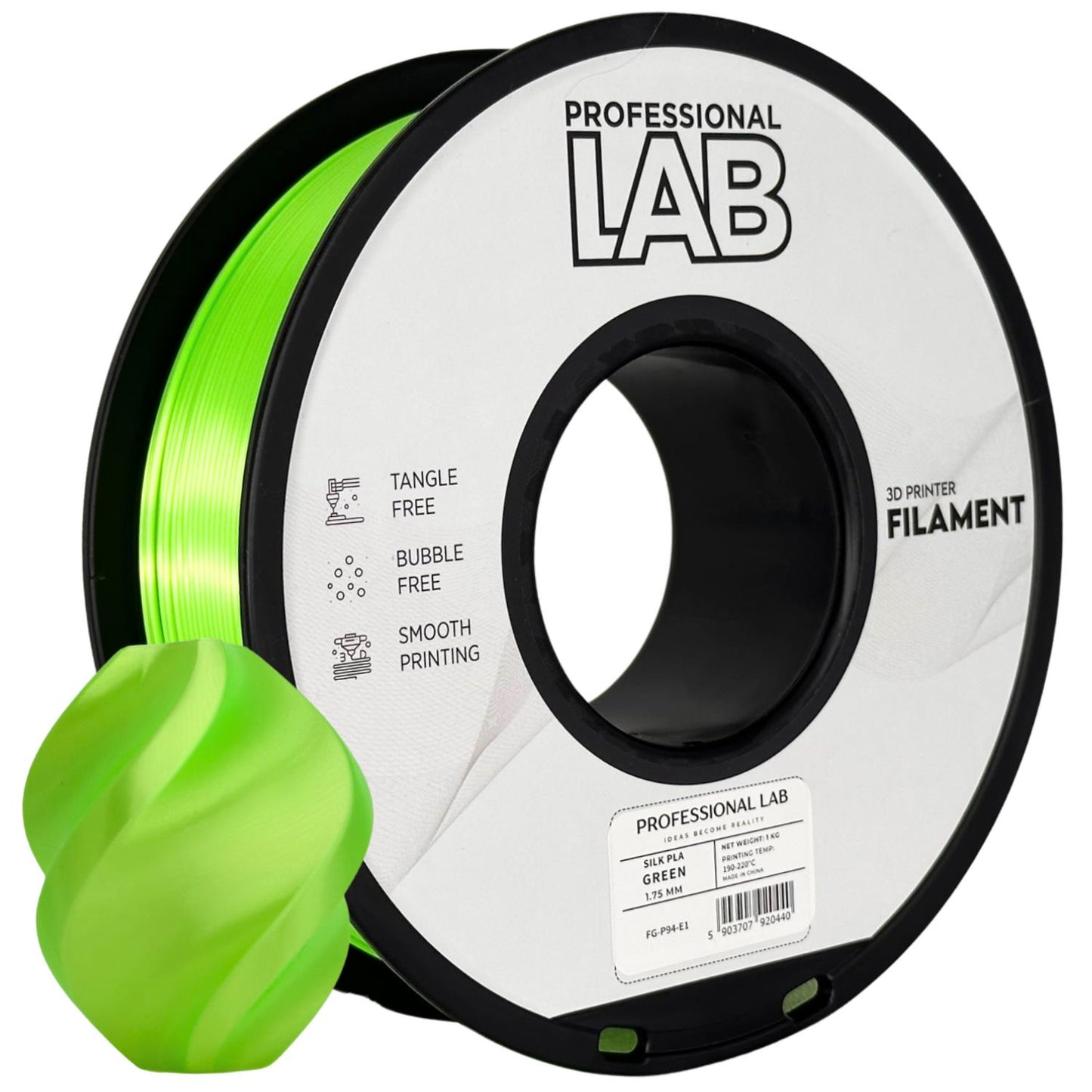 Silk PLA Hellgrün, 1.75mm, +/- 0.03mm - Prof. Lab Filament