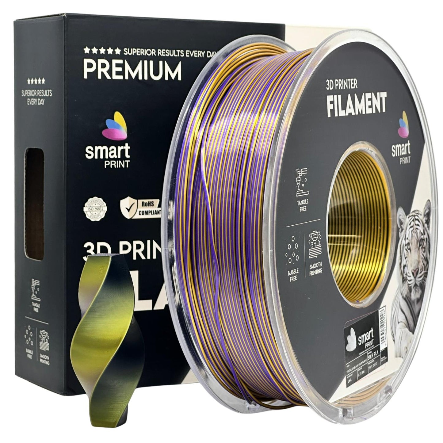 Silk PLA Filament Schwarz Gold Lila (dreifarbig) 1.75mm – Smart Print